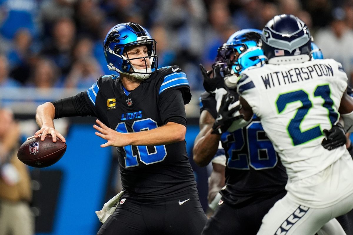 Detroit Lions quarterback Jared Goff (16) makes a pass against Seattle Seahawks during the second half at Ford Field in Detroit on Monday, Sept. 30, 2024.