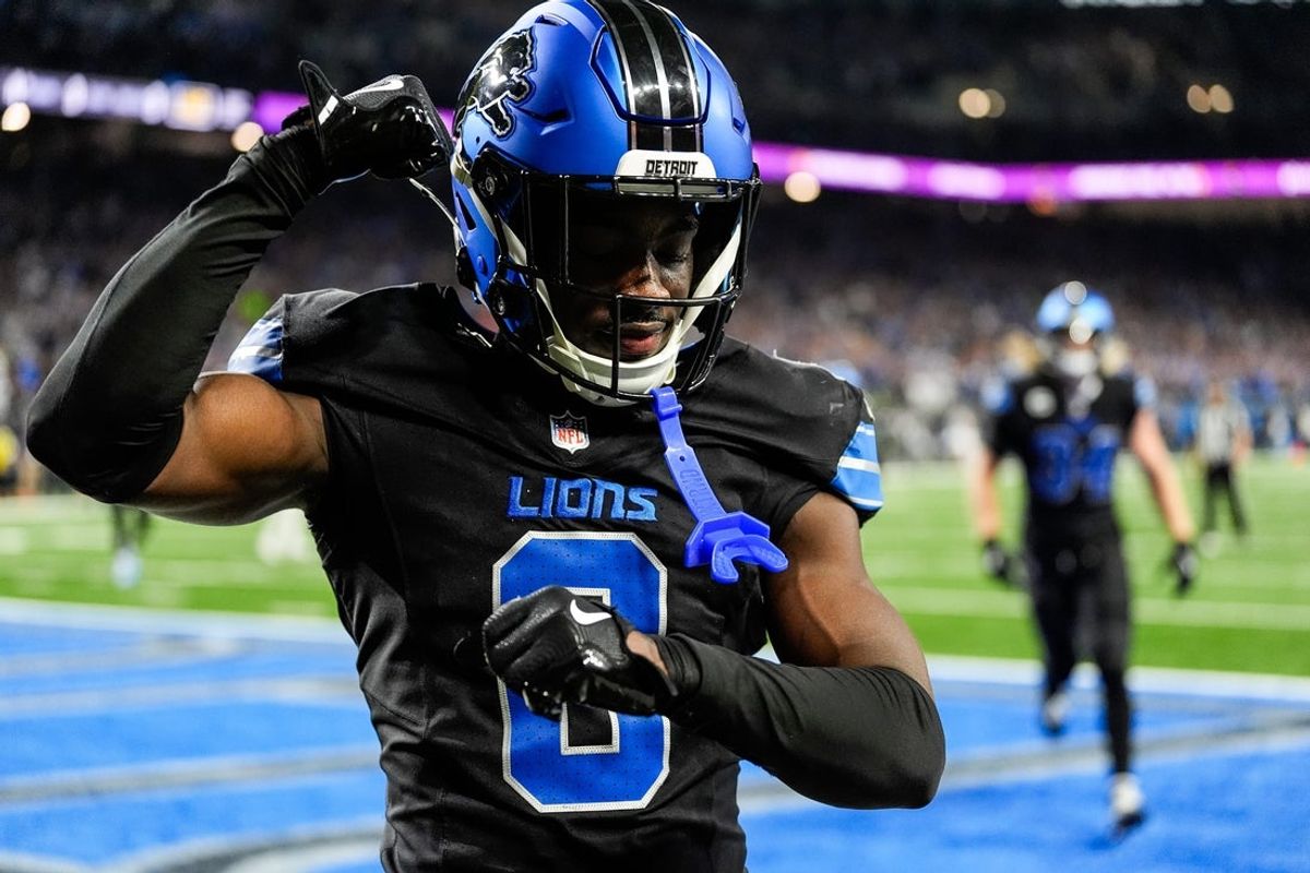 Detroit Lions cornerback Terrion Arnold (0) celebrates a play against the Seattle Seahawks on Monday, Sept. 30, 2024.