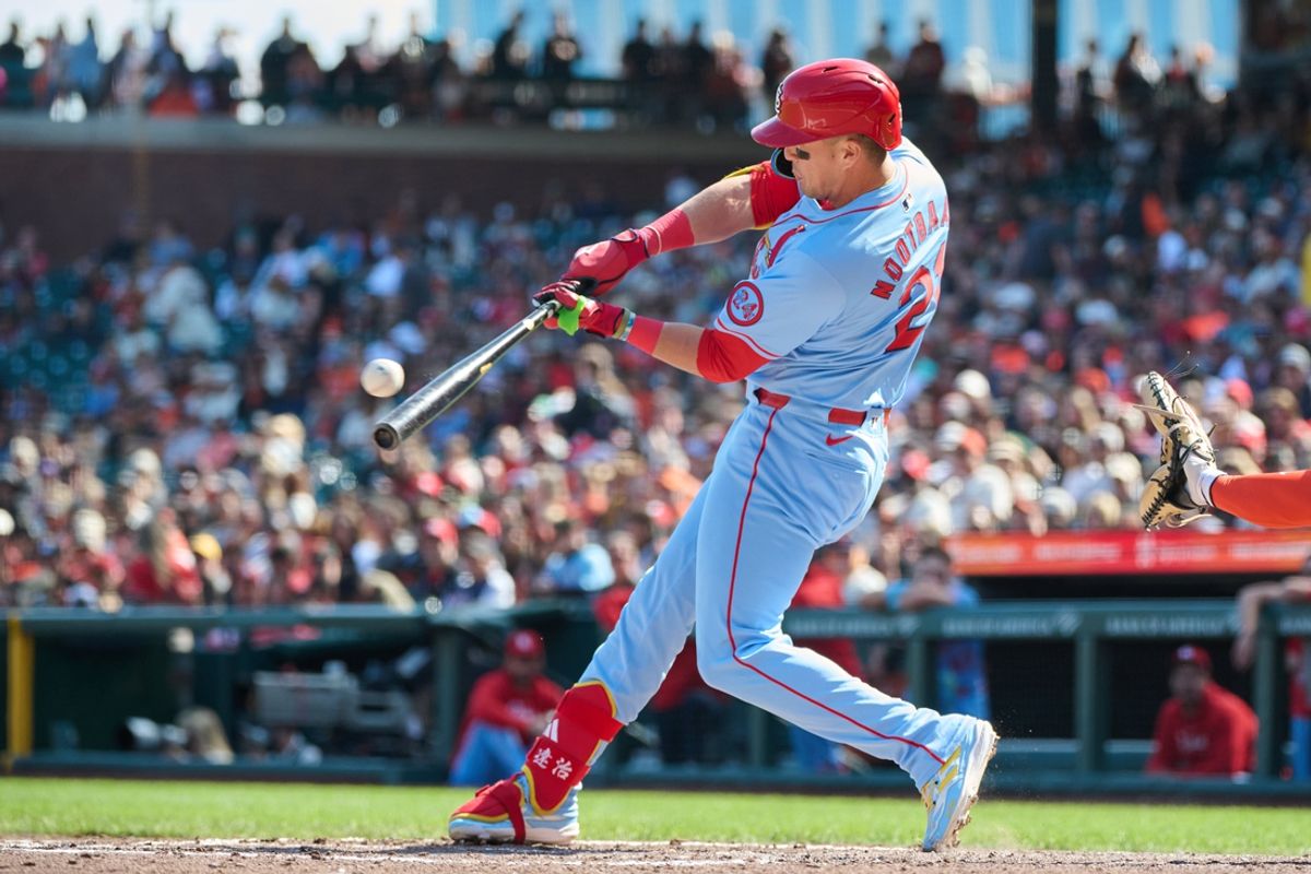 Sep 28, 2024; San Francisco, California, USA; St. Louis Cardinals outfielder Lars Nootbaar (21) bats against the San Francisco Giants during the fifth inning at Oracle Park. Mandatory Credit: Robert Edwards-Imagn Images