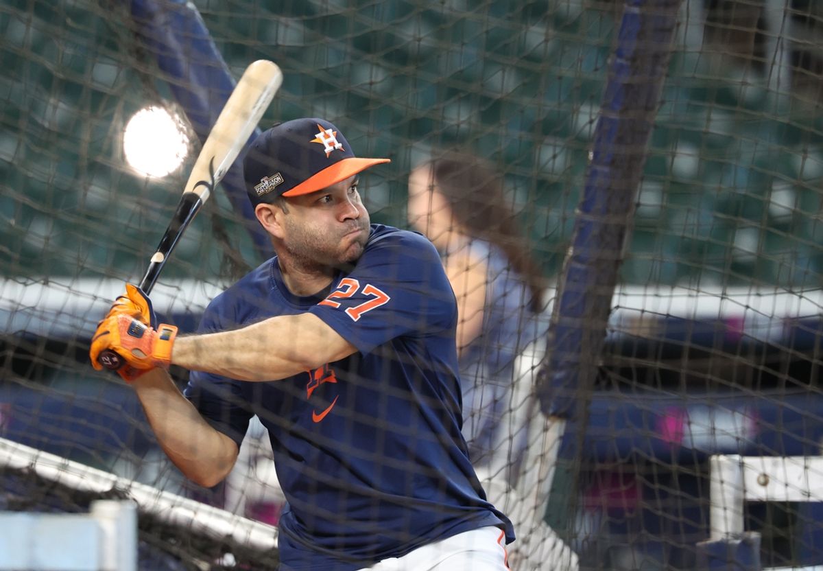 Oct 1, 2024; Houston, Texas, USA; Houston Astros second baseman Jose Altuve (27) takes batting practice before playing against the Detroit Tigers in game one of the Wild Card round for the 2024 MLB Playoffs at Minute Maid Park. Mandatory Credit: Troy Taormina-Imagn Images