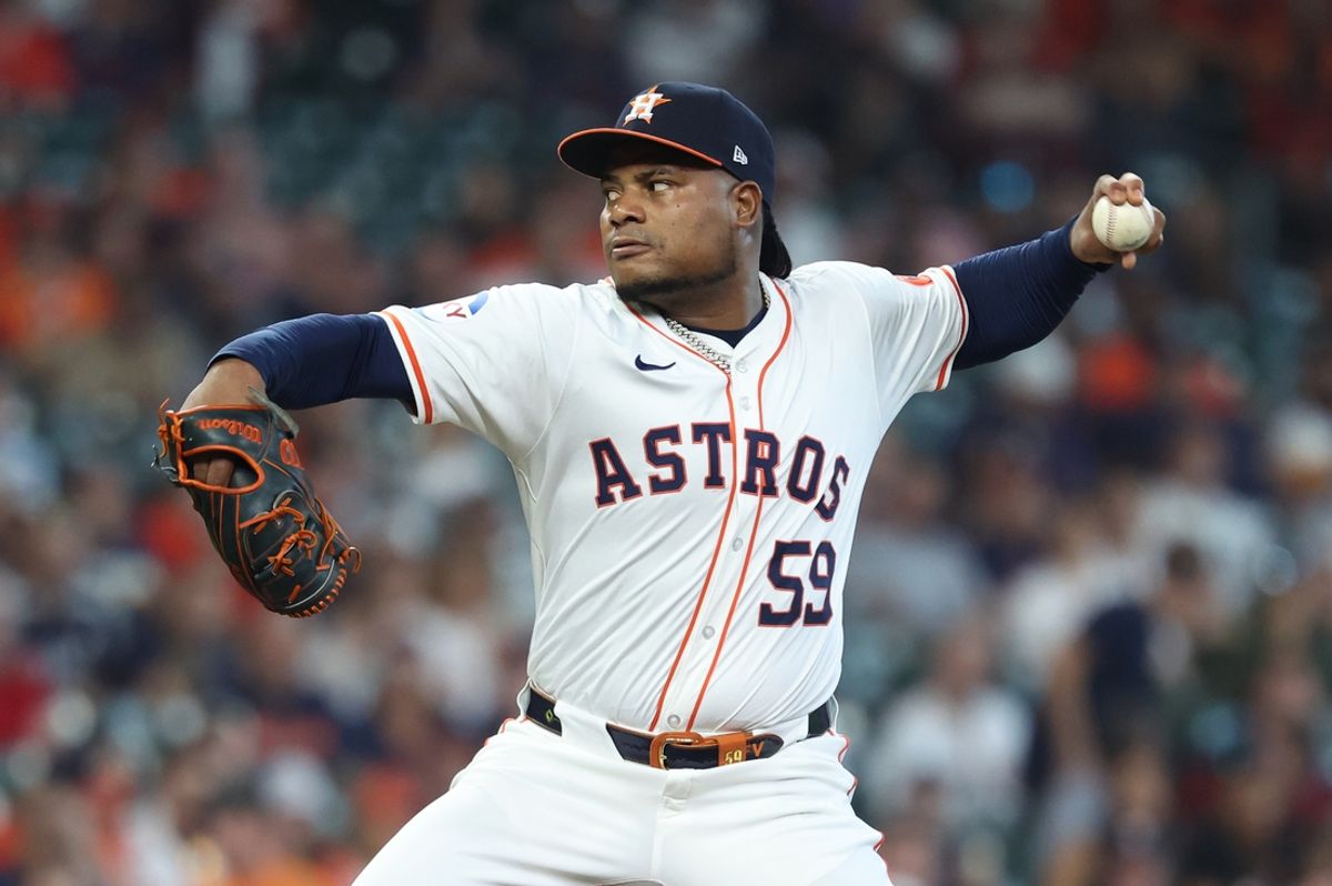 Oct 1, 2024; Houston, Texas, USA; Houston Astros pitcher Framber Valdez (59) throws a pitch in the first inning against the Detroit Tigers in game one of the Wild Card round for the 2024 MLB Playoffs at Minute Maid Park. Mandatory Credit: Troy Taormina-Imagn Images