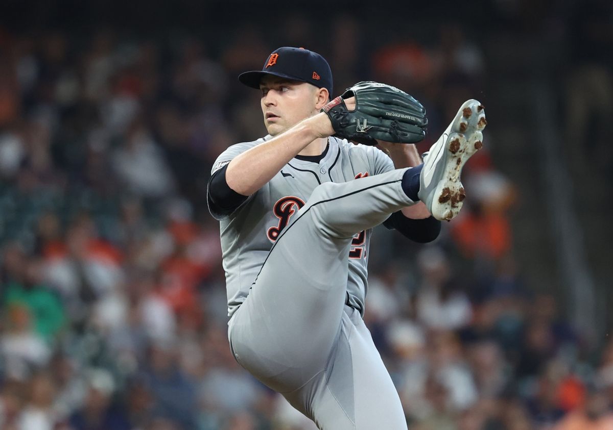 Oct 1, 2024; Houston, Texas, USA; Detroit Tigers pitcher Tarik Skubal (29) throws a pitch against the Houston Astros in the first inning in game one of the Wild Card round for the 2024 MLB Playoffs at Minute Maid Park. Mandatory Credit: Troy Taormina-Imagn Images
