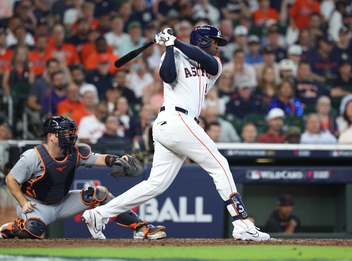Oct 1, 2024; Houston, Texas, USA; Houston Astros outfielder Yordan Alvarez (44) hits a single against the Detroit Tigers in game one of the Wild Card round for the 2024 MLB Playoffs at Minute Maid Park. Mandatory Credit: Troy Taormina-Imagn Images