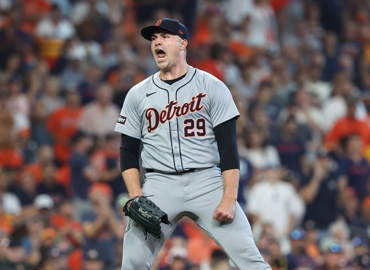 Oct 1, 2024; Houston, Texas, USA; Detroit Tigers pitcher Tarik Skubal (29) reacts after a strikeout against the Houston Astros in the sixth inning in game one of the Wild Card round for the 2024 MLB Playoffs at Minute Maid Park. Mandatory Credit: Troy Taormina-Imagn Images