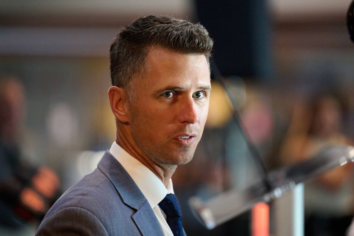 Oct 1, 2024; San Francisco, CA, USA; San Francisco Giants president of baseball operations Buster Posey speaks with the media after an introductory press conference at Oracle Park.  Mandatory Credit: Robert Edwards-Imagn Images