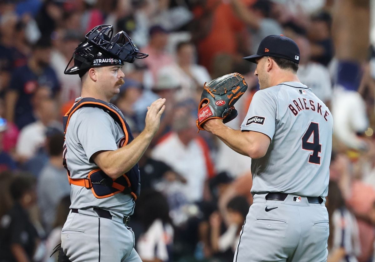 Oct 1, 2024; Houston, Texas, USA; Detroit Tigers catcher Jake Rogers (34) and Detroit Tigers pitcher Beau Brieske (4) celebrate after defeating the Houston Astros in game one of the Wild Card round for the 2024 MLB Playoffs at Minute Maid Park. Mandatory Credit: Troy Taormina-Imagn Images