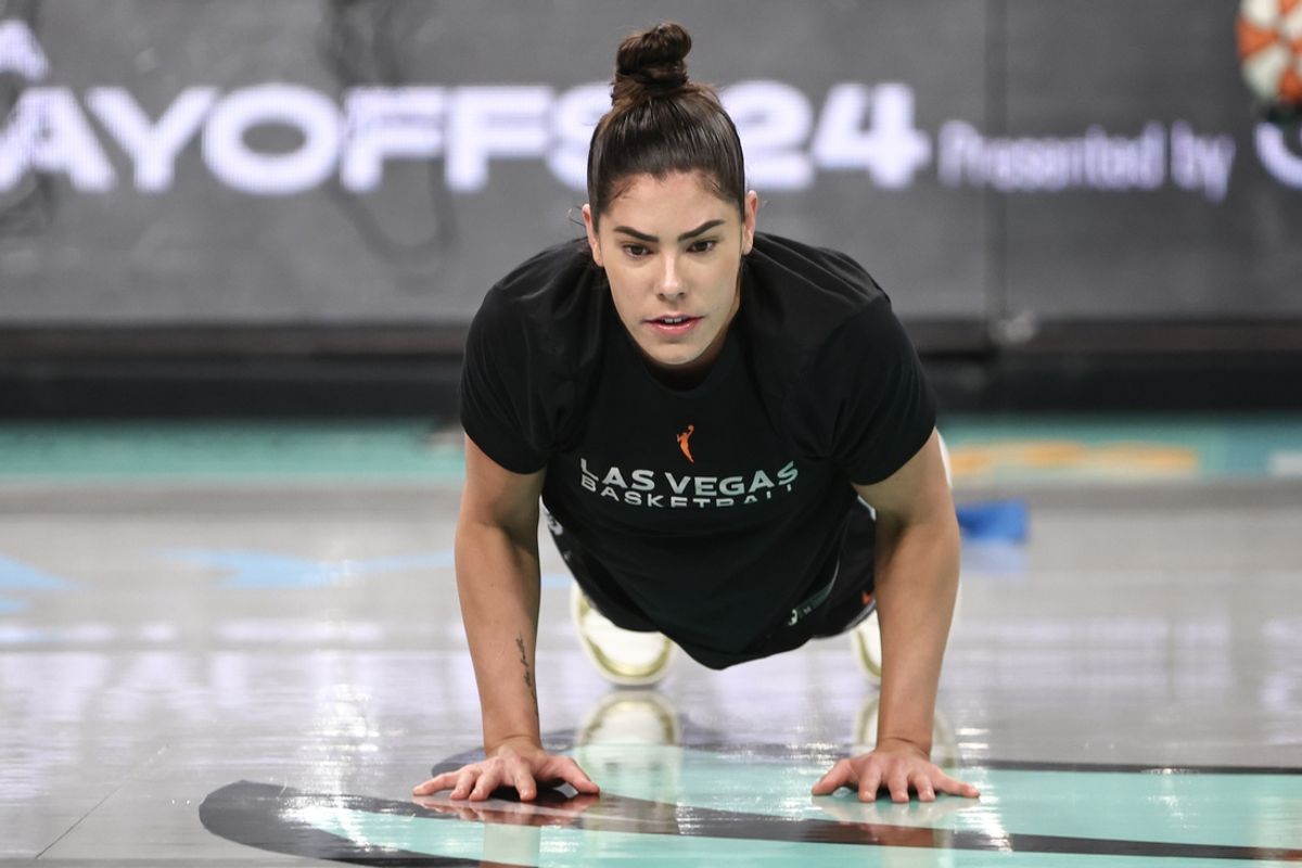 Oct 1, 2024; Brooklyn, New York, USA; Las Vegas Aces guard Kelsey Plum (10) warms up before game two of the 2024 WNBA Semi-finals against the New York Liberty at Barclays Center. Mandatory Credit: Wendell Cruz-Imagn Images