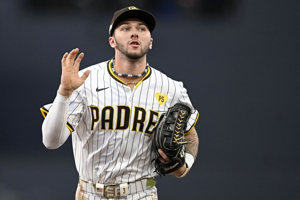 Oct 1, 2024; San Diego, California, USA; San Diego Padres outfielder Jackson Merrill (3) reacts during the second inning in game one of the Wildcard round for the 2024 MLB Playoffs at Petco Park. Mandatory Credit: Denis Poroy-Imagn Images