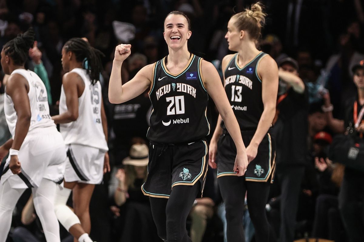 Oct 1, 2024; Brooklyn, New York, USA; New York Liberty guard Sabrina Ionescu (20) celebrates after defeating the Las Vegas Aces 88-84 in game two of the 2024 WNBA Semi-finals at Barclays Center. Mandatory Credit: Wendell Cruz-Imagn Images