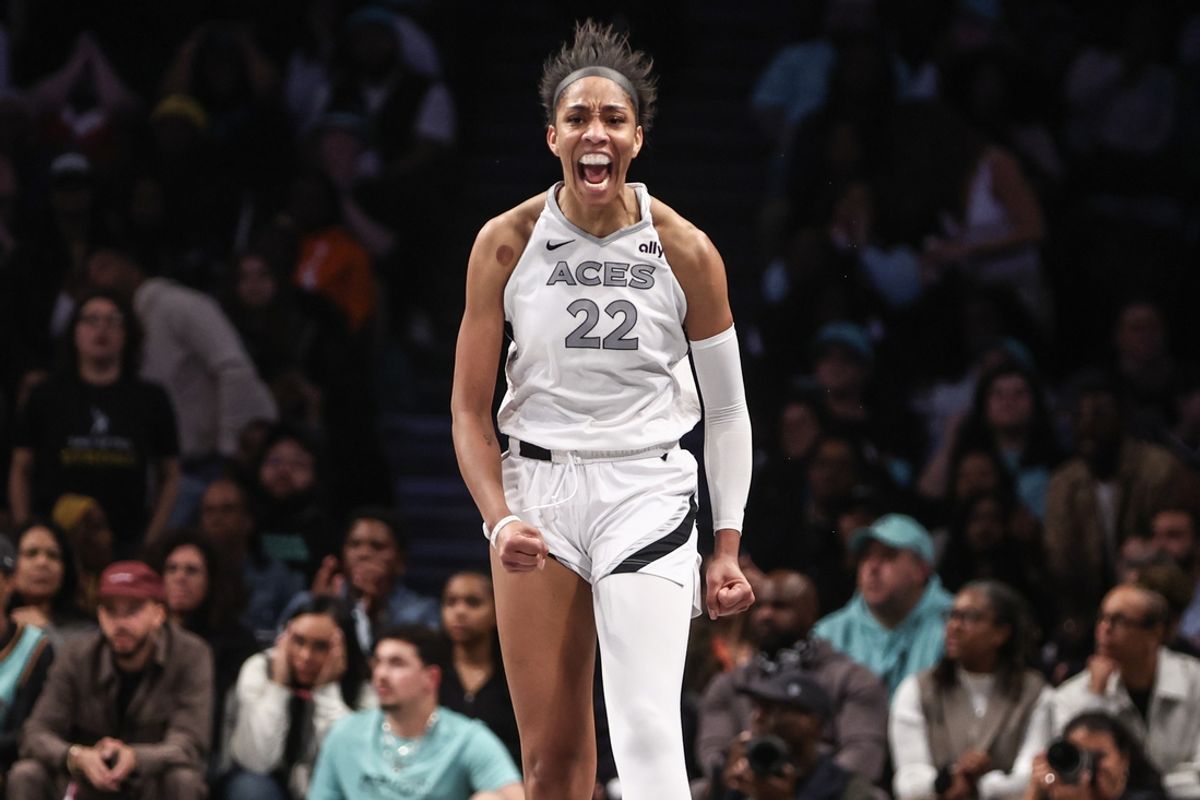 Oct 1, 2024; Brooklyn, New York, USA; Las Vegas Aces center A'ja Wilson (22) celebrates after scoring in the fourth quarter against the New York Liberty during game two of the 2024 WNBA Semi-finals at Barclays Center. Mandatory Credit: Wendell Cruz-Imagn Images