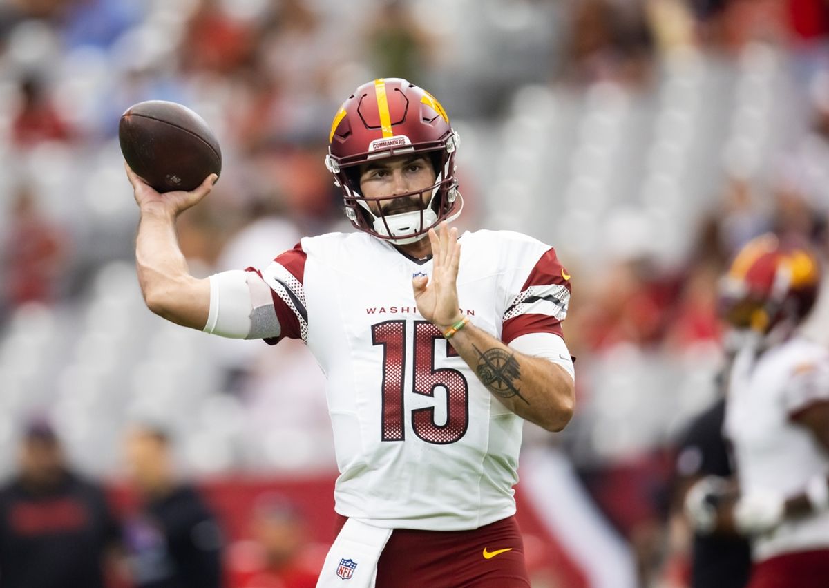 Sep 29, 2024; Glendale, Arizona, USA; Washington Commanders quarterback Sam Hartman (15) against the Arizona Cardinals at State Farm Stadium. Mandatory Credit: Mark J. Rebilas-Imagn Images