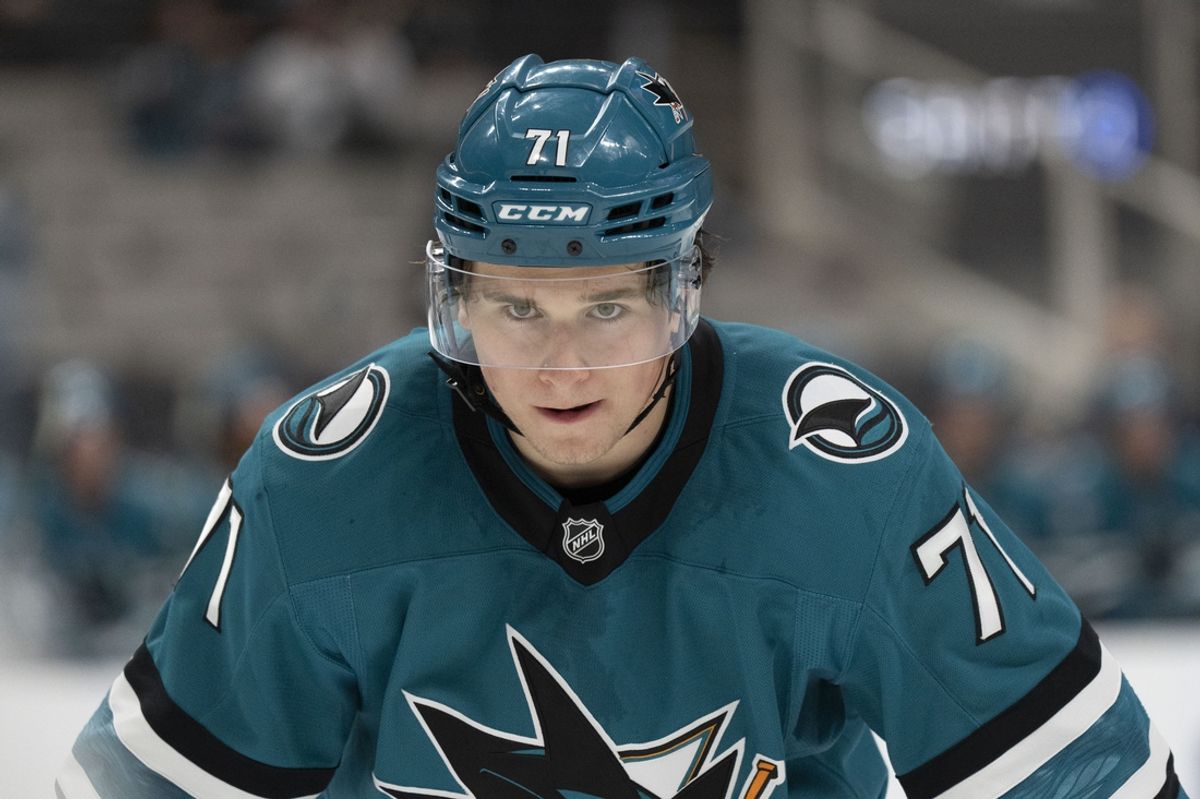Oct 1, 2024; San Jose, California, USA;  San Jose Sharks center Macklin Celebrini (71) during the second period against the Utah Hockey Club at SAP Center at San Jose. Mandatory Credit: Stan Szeto-Imagn Images