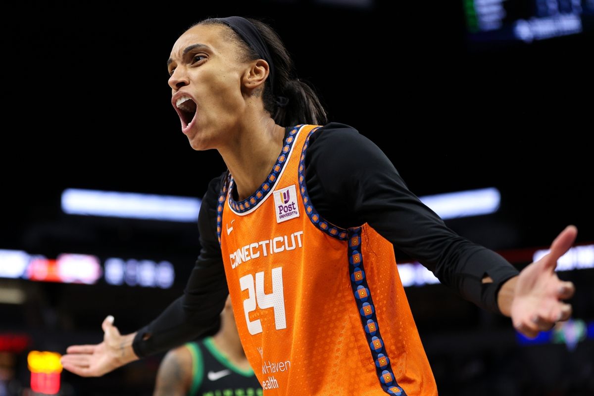 Oct 1, 2024; Minneapolis, Minnesota, USA; Connecticut Sun forward DeWanna Bonner (24) reacts during the second half of game two of the 2024 WNBA Semi-finals against the Minnesota Lynx at Target Center. Mandatory Credit: Matt Krohn-Imagn Images