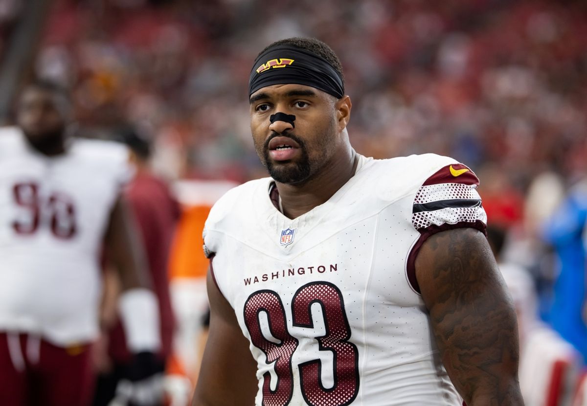 Sep 29, 2024; Glendale, Arizona, USA; Washington Commanders defensive tackle Jonathan Allen (93) against the Arizona Cardinals at State Farm Stadium. Mandatory Credit: Mark J. Rebilas-Imagn Images