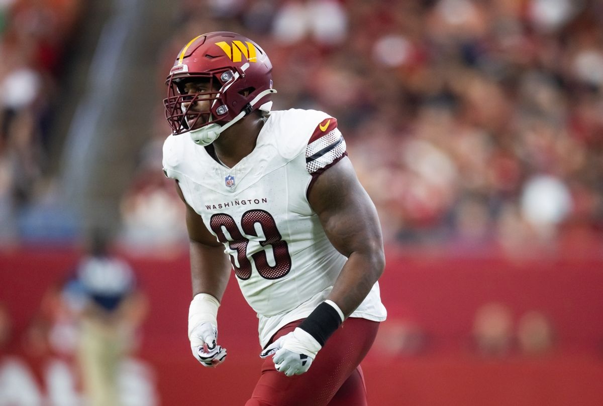 Sep 29, 2024; Glendale, Arizona, USA; Washington Commanders defensive tackle Jonathan Allen (93) against the Arizona Cardinals at State Farm Stadium. Mandatory Credit: Mark J. Rebilas-Imagn Images