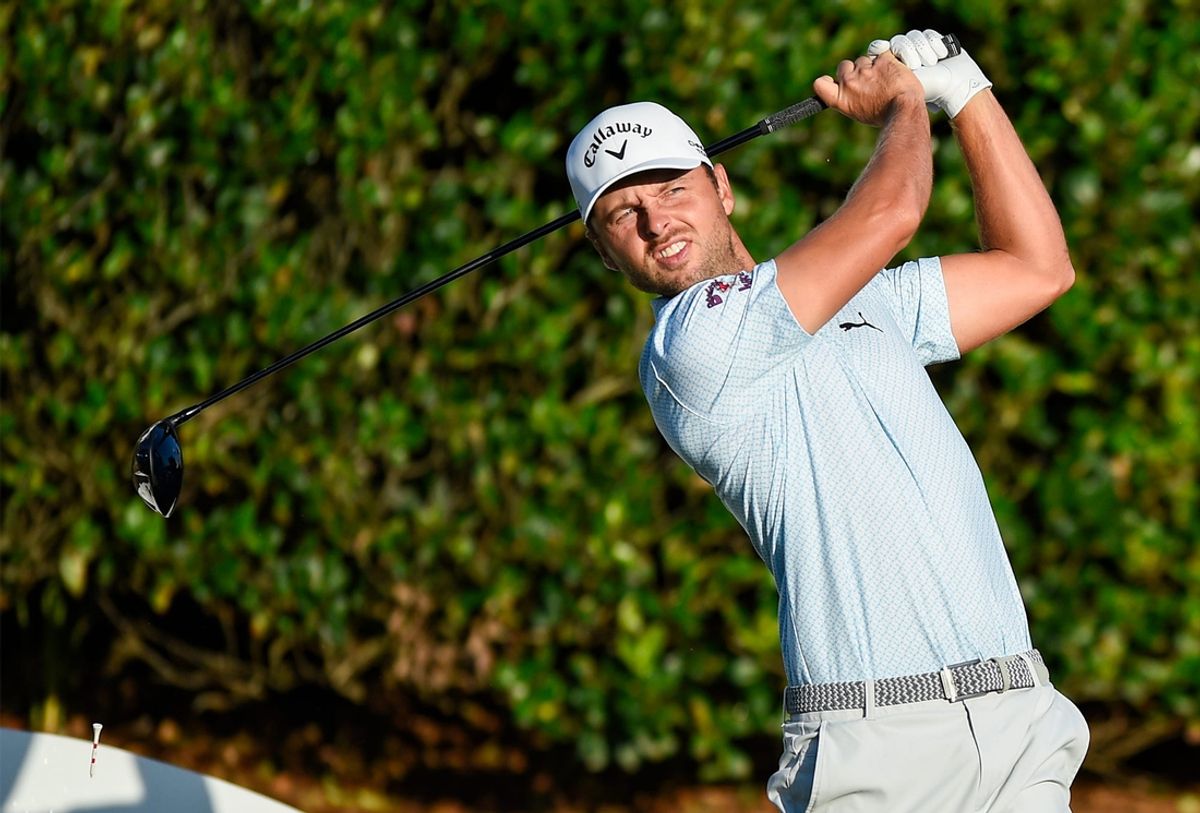 Adam Svensson watches his tee shot at the 1st hole during the Sanderson Farms Championship Pro-Am at the Country Club of Jackson in Jackson, Miss., on Wednesday, Oct. 2, 2024.