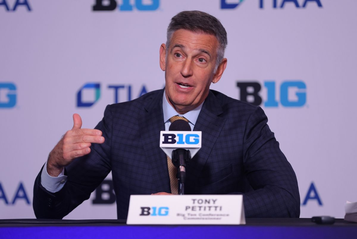 Oct 2, 2024; Rosemont, IL, USA; Big Ten commissioner Tony Petitti speaks with the media during the 2024 Big Ten Womenís Basketball media day at Donald E. Stephens Convention Center. Mandatory Credit: Melissa Tamez-Imagn Images
