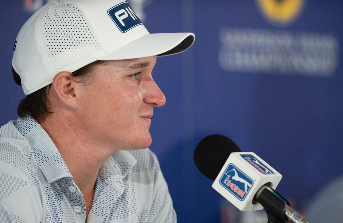 Matt McCarty listens to a question during an interview at the Sanderson Farms Championship Pro-Am at the Country Club of Jackson in Jackson, Miss., Wednesday, Oct. 2, 2024.