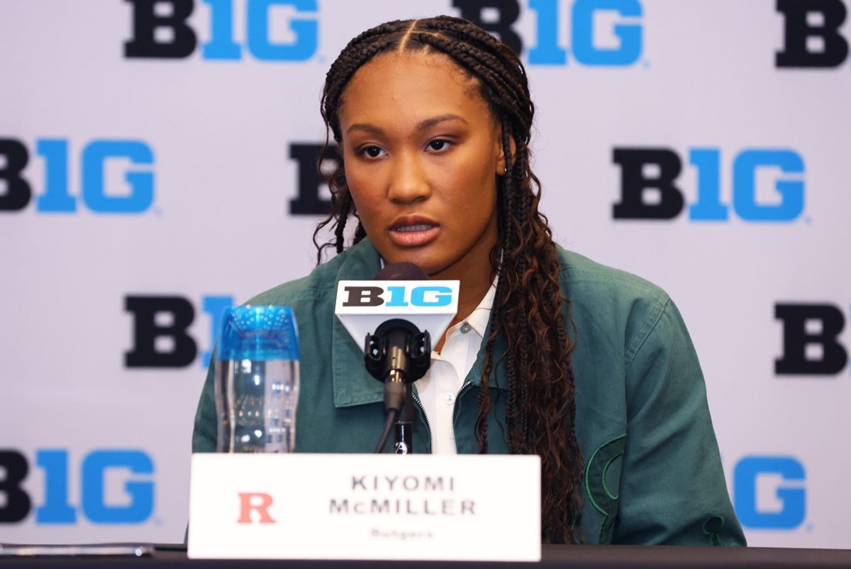 Oct 2, 2024; Rosemont, IL, USA; Rutgers guard Kiyomi McMiller Kiyomi McMiller takes a question at the podium during the 2024 Big Ten Womenís Basketball media day at Donald E. Stephens Convention Center. Mandatory Credit: Melissa Tamez-Imagn Images