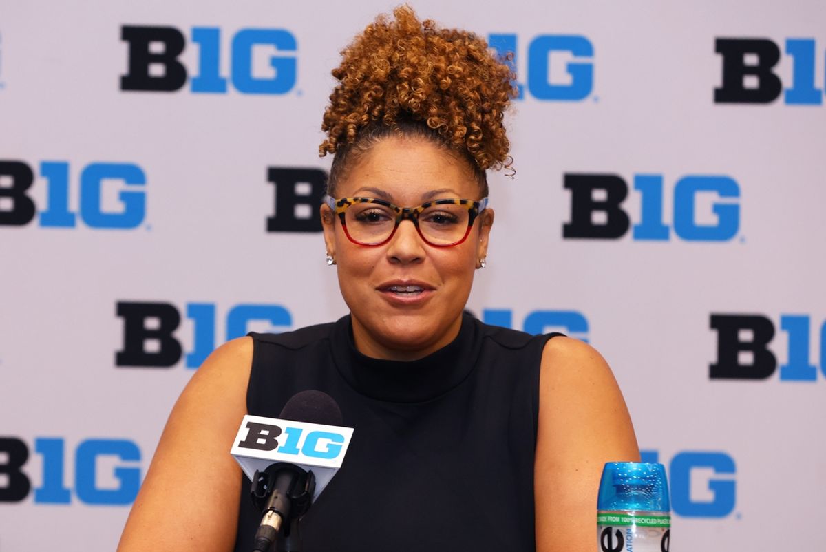 Oct 2, 2024; Rosemont, IL, USA; Wisconsin head coach Marisa Moseley takes a question at the podium during the 2024 Big Ten Womenís Basketball media day at Donald E. Stephens Convention Center. Mandatory Credit: Melissa Tamez-Imagn Images