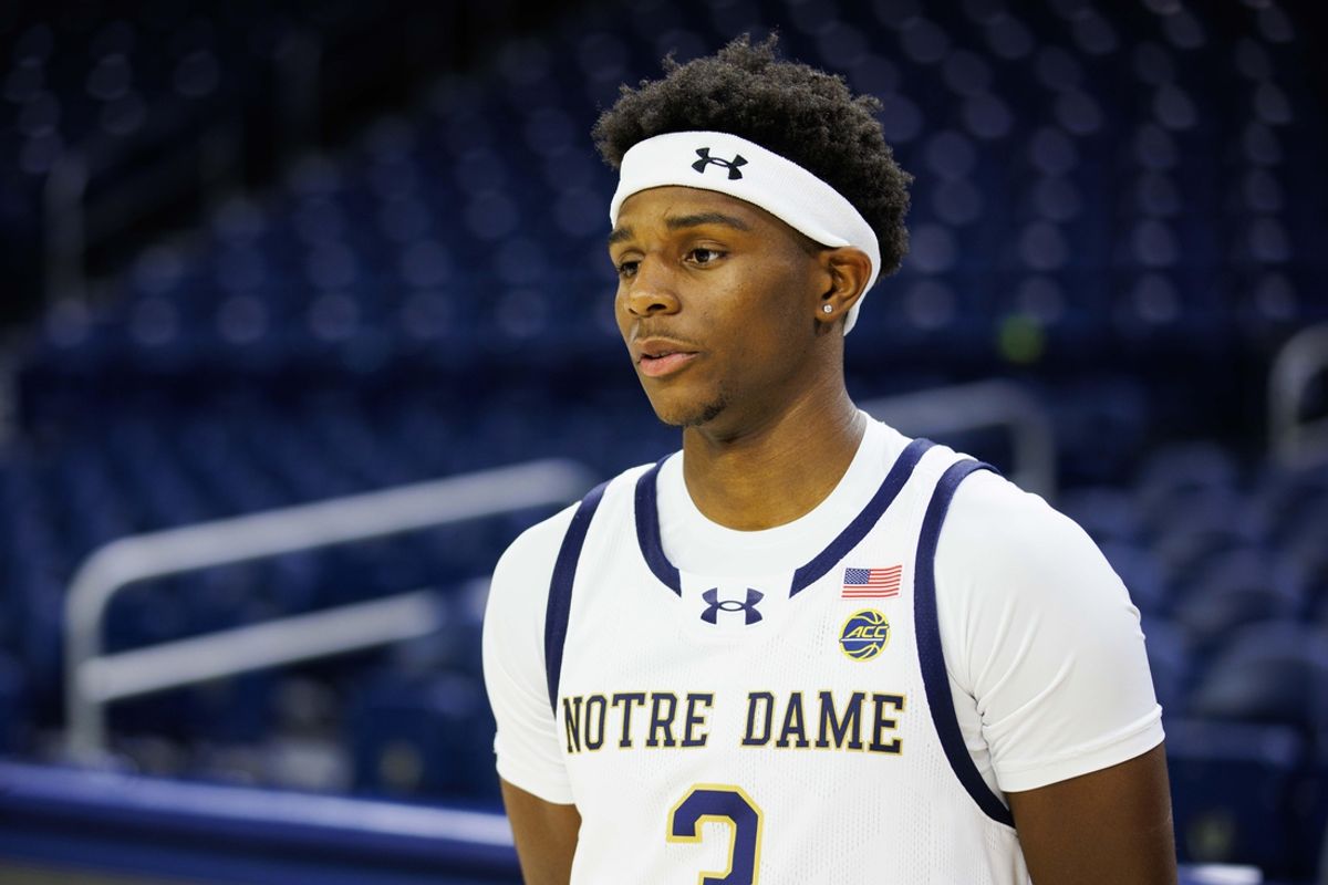 Notre Dame guard Markus Burton speaks with media during Notre Dame men's basketball's media day at Purcell Pavilion on Tuesday, Oct. 1, 2024, in South Bend.