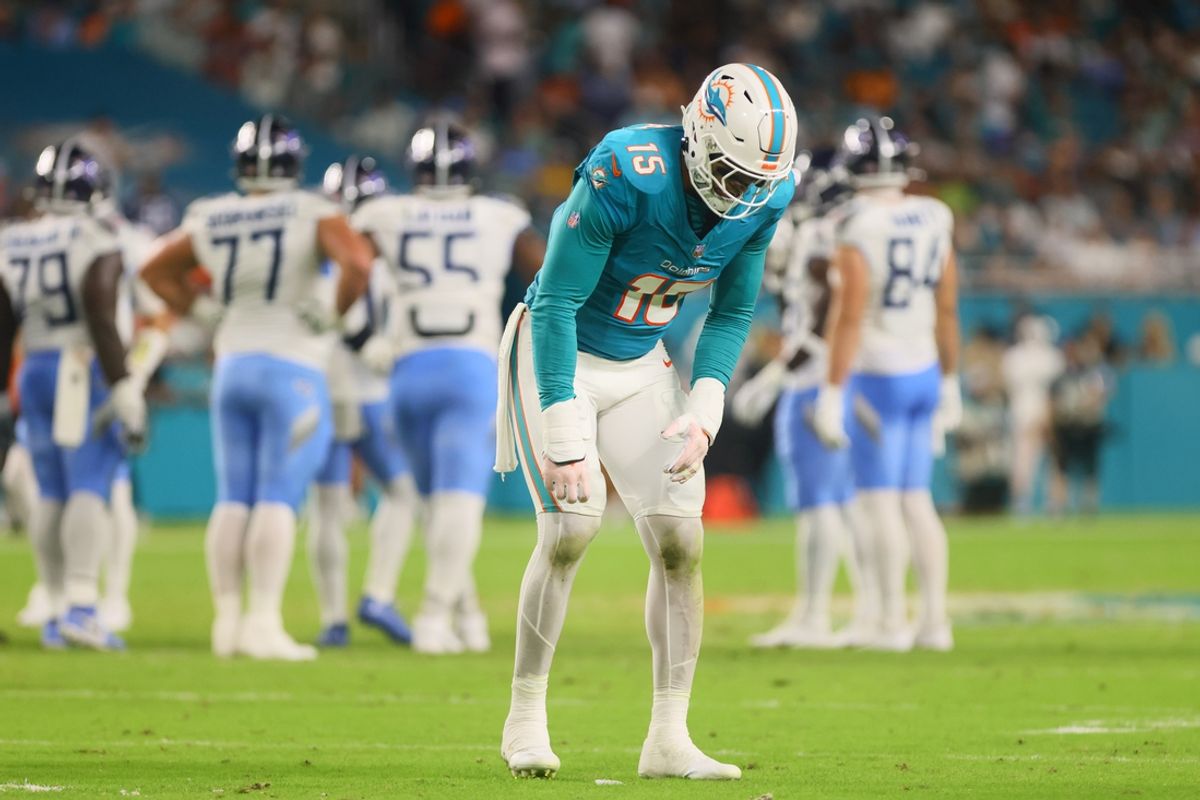 Sep 30, 2024; Miami Gardens, Florida, USA; Miami Dolphins linebacker Jaelan Phillips (15) walks off the field with an injury against the Tennessee Titans during the second quarter at Hard Rock Stadium. Mandatory Credit: Sam Navarro-Imagn Images
