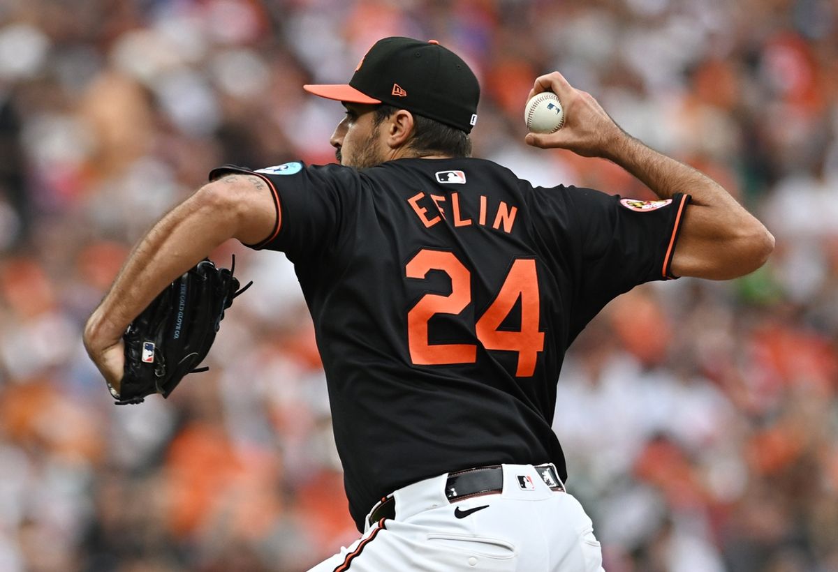 Oct 2, 2024; Baltimore, Maryland, USA; Baltimore Orioles pitcher Zach Eflin (24) throws against the Kansas City Royals in the first inning in game two of the Wild Card round for the 2024 MLB Playoffs at Oriole Park at Camden Yards. Mandatory Credit: Tommy Gilligan-Imagn Images
