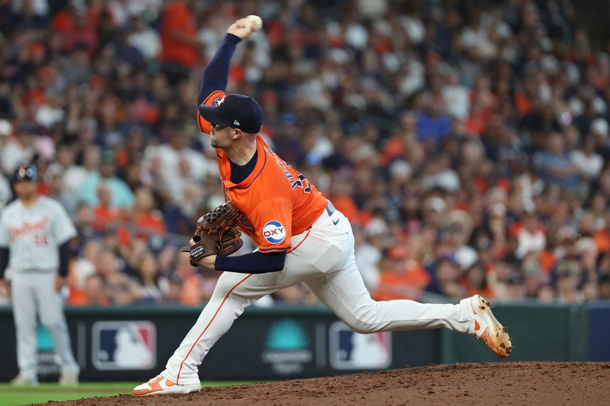 Oct 2, 2024; Houston, Texas, USA; Houston Astros pitcher Ryan Pressly (55) throws against the Detroit Tigers during the eighth inning of game two of the Wildcard round for the 2024 MLB Playoffs at Minute Maid Park. Mandatory Credit: Thomas Shea-Imagn Images