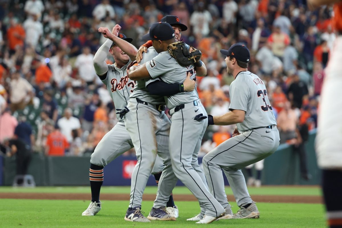 Oct 2, 2024; Houston, Texas, USA; The Detroit Tigers celebrate after defeating the Houston Astros in game two of the Wildcard round for the 2024 MLB Playoffs at Minute Maid Park. Mandatory Credit: Thomas Shea-Imagn Images