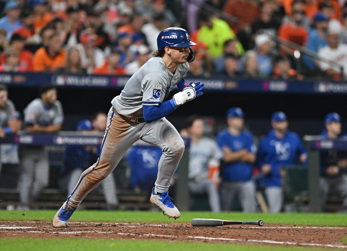 Oct 2, 2024; Baltimore, Maryland, USA; Kansas City Royals shortstop Bobby Witt Jr. (7) hits a RBI single against the Baltimore Orioles in the sixth inning in game two of the Wild Card round for the 2024 MLB Playoffs at Oriole Park at Camden Yards. Mandatory Credit: Tommy Gilligan-Imagn Images