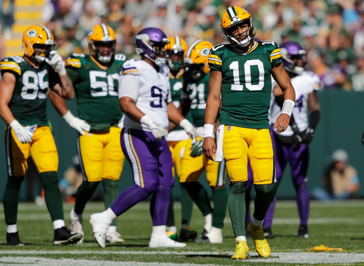 Green Bay Packers quarterback Jordan Love (10) reacts after a false start penalty during their football game against the Minnesota Vikings Sunday, September 29, 2024, at Lambeau Field in Green Bay, Wisconsin.
