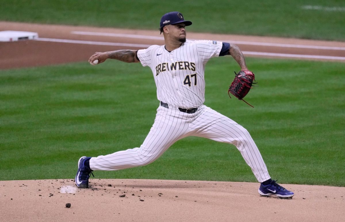 Milwaukee Brewers pitcher Frankie Montas (47) throws during the first inning of their wild-card playoff game against the New York Mets Wednesday, October 2, 2024 at American Family Field in Milwaukee, Wisconsin.