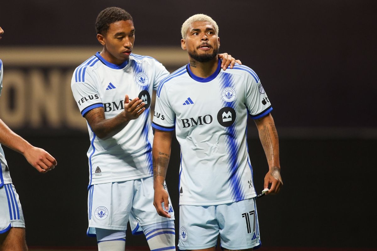 Oct 2, 2024; Atlanta, Georgia, USA; CF Montreal forward Josef Martinez (17) celebrates with defender Jahkeele Marshall-Rutty (11) after scoring a goal against Atlanta United in the first half at Mercedes-Benz Stadium. Mandatory Credit: Brett Davis-Imagn Images