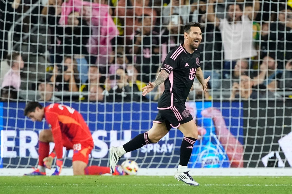 Oct 2, 2024; Columbus, OH, USA; Inter Miami CF forward Lionel Messi (10) celebrates his second of two goals during the first half of the MLS soccer game against the Columbus Crew at Lower.com Field.
