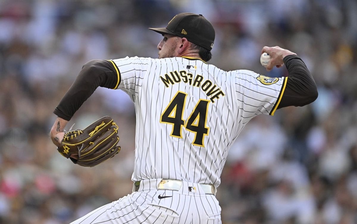 Oct 2, 2024; San Diego, California, USA; San Diego Padres pitcher Joe Musgrove (44) throws during the first inning of game two in the Wildcard round for the 2024 MLB Playoffs against the Atlanta Braves at Petco Park. Mandatory Credit: Denis Poroy-Imagn Images