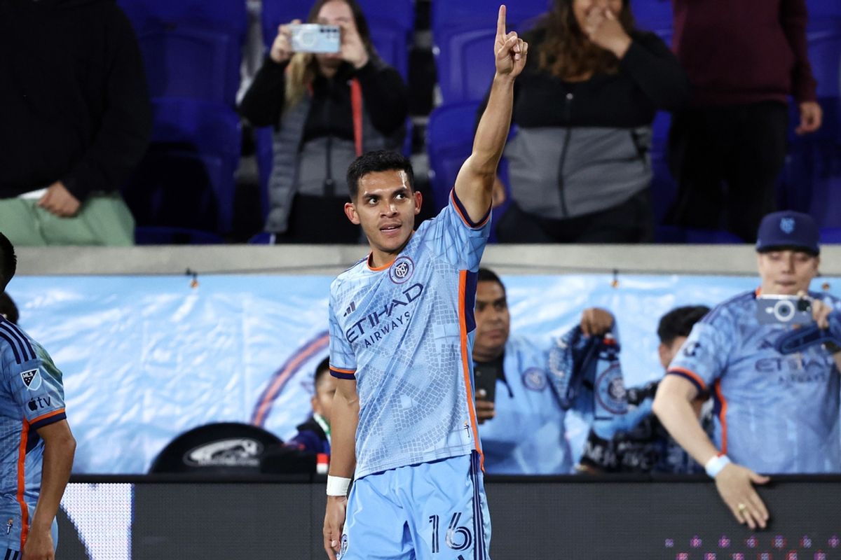 Oct 2, 2024; New York, New York, USA; New York City FC forward Alonso Martinez (16) celebrates after scoring a goal against FC Cincinnati in the second half at Red Bull Arena. Mandatory Credit: Vincent Carchietta-Imagn Images