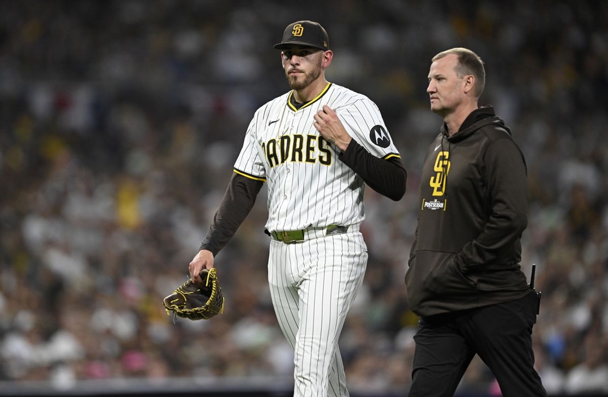 Oct 2, 2024; San Diego, California, USA; San Diego Padres pitcher Joe Musgrove (44) leaves the game during the fourth inning of game two in the Wildcard round for the 2024 MLB Playoffs against the Atlanta Braves at Petco Park. Mandatory Credit: Denis Poroy-Imagn Images