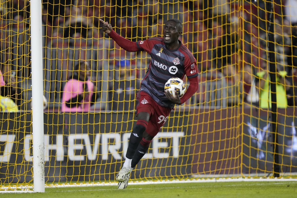 Oct 2, 2024; Toronto, Ontario, CAN; Toronto FC forward Prince Osei Owusu (99) celebrates goal in the second half against the New York Red Bulls at BMO Field. Mandatory Credit: John E. Sokolowski-Imagn Images
