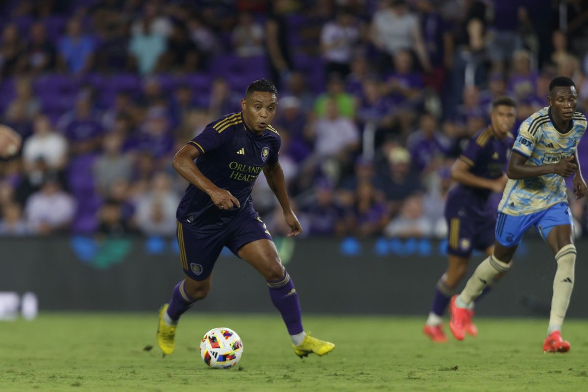 Oct 2, 2024; Orlando, Florida, USA; Orlando City forward Luis Muriel (9) dribbles the ball against the Philadelphia Union during the second half at Inter&Co Stadium. Mandatory Credit: Morgan Tencza-Imagn Images