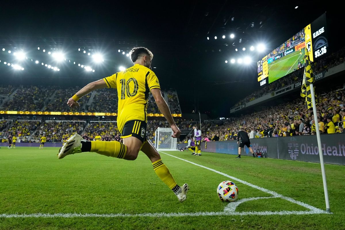 Oct 2, 2024; Columbus, OH, USA; Columbus Crew forward Diego Rossi (10) takes a corner kick during the second half of the MLS soccer game against Inter Miami CF at Lower.com Field. Miami won 3-2.