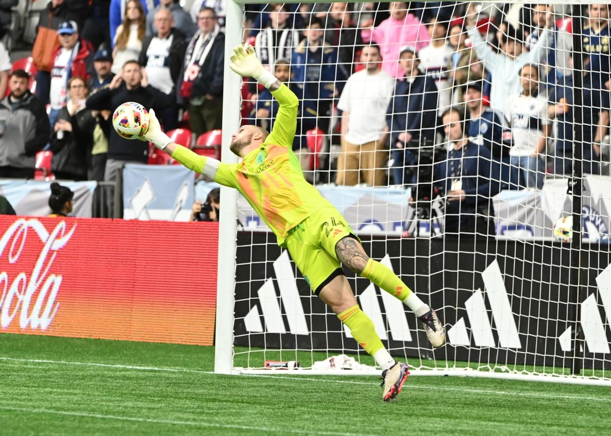 Oct 2, 2024; Vancouver, British Columbia, CAN; Seattle Sounders FC goalkeeper Stefan Frei (24) makes a save during the first half against Vancouver Whitecaps FC  at BC Place. Mandatory Credit: Simon Fearn-Imagn Images