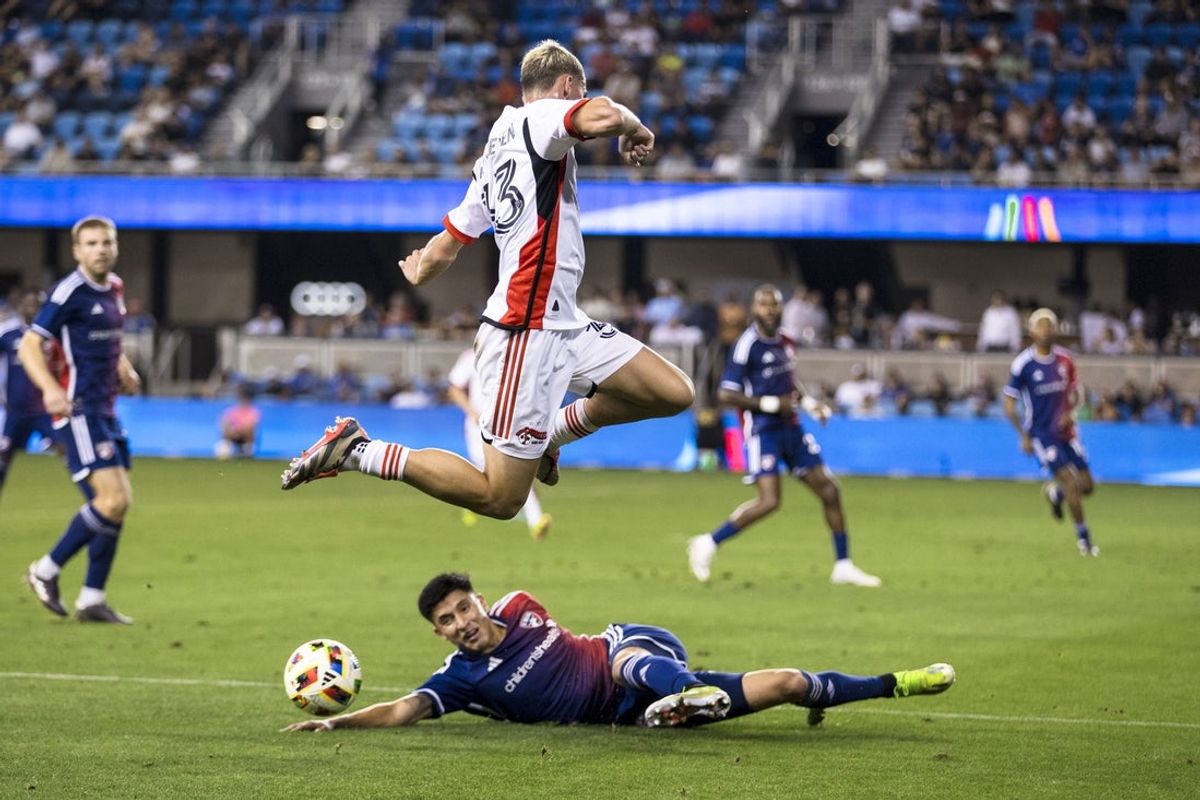 Oct 2, 2024; San Jose, California, USA; San Jose Earthquakes defender Oscar Verhoeven (33) jumps over FC Dallas defender Marco Farfan (4) during the second half at PayPal Park. Mandatory Credit: John Hefti-Imagn Images