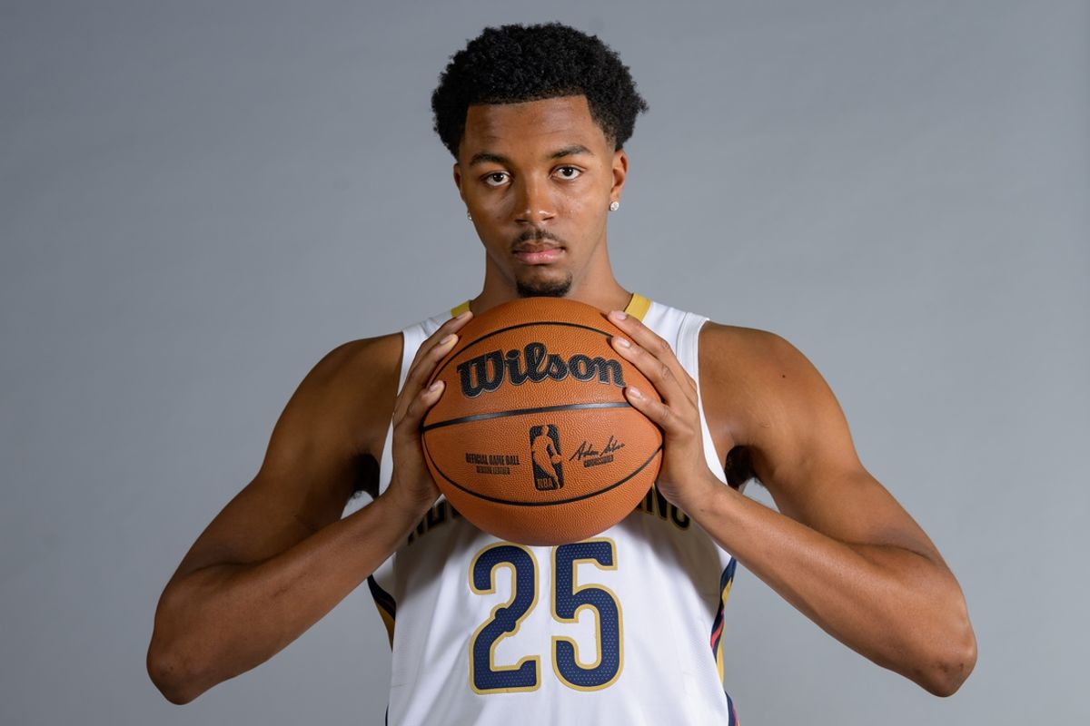 Sep 30, 2024; New Orleans, LA, USA; New Orleans Pelicans guard/forward Trey Murphy III (25) takes part in Pelicans Media Day. Mandatory Credit: Matthew Hinton-Imagn Images