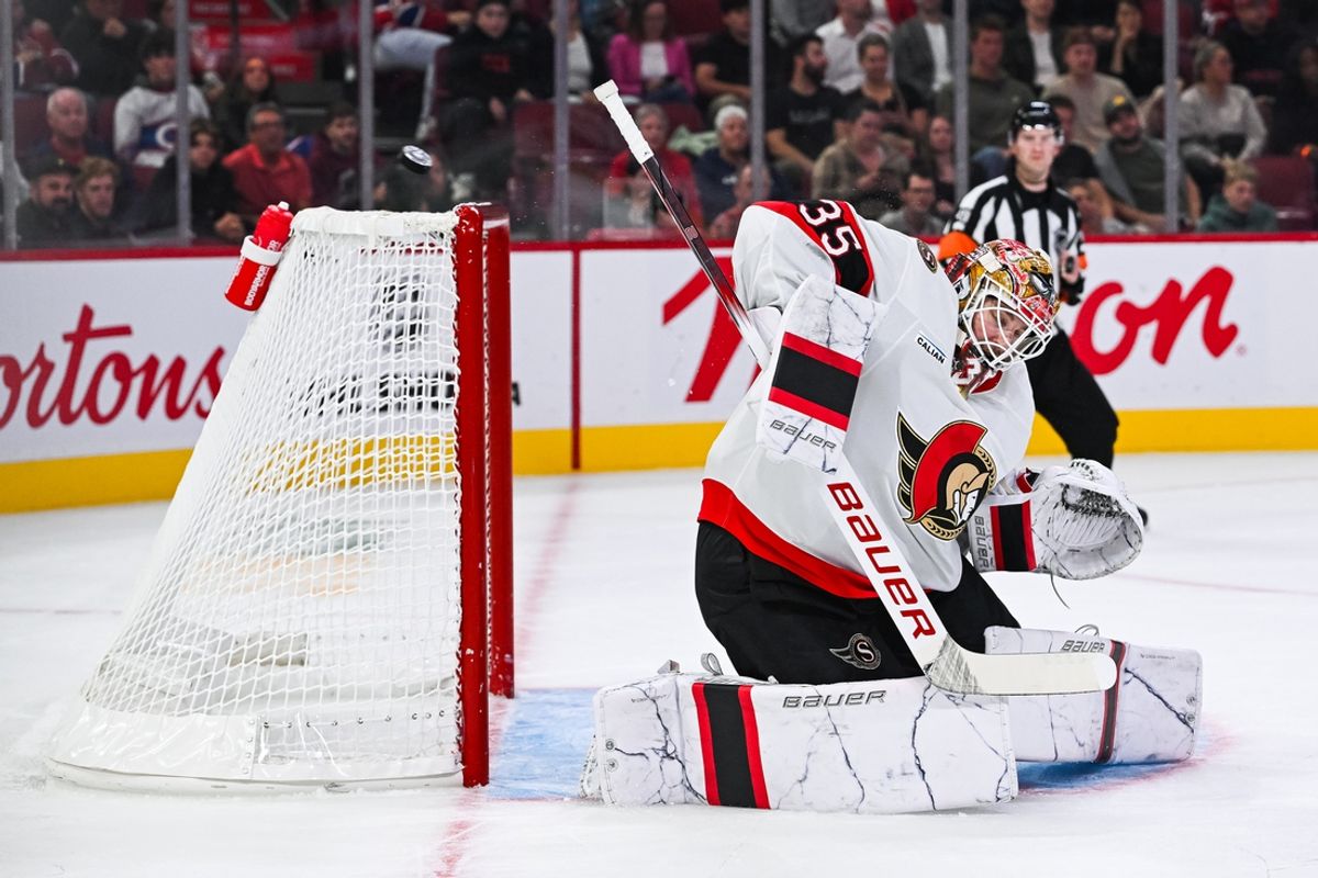 Oct 1, 2024; Montreal, Quebec, CAN; Ottawa Senators goalie Linus Ullmark (35) deviates a shot against the Montreal Canadiens during the second period at Bell Centre. Mandatory Credit: David Kirouac-Imagn Images