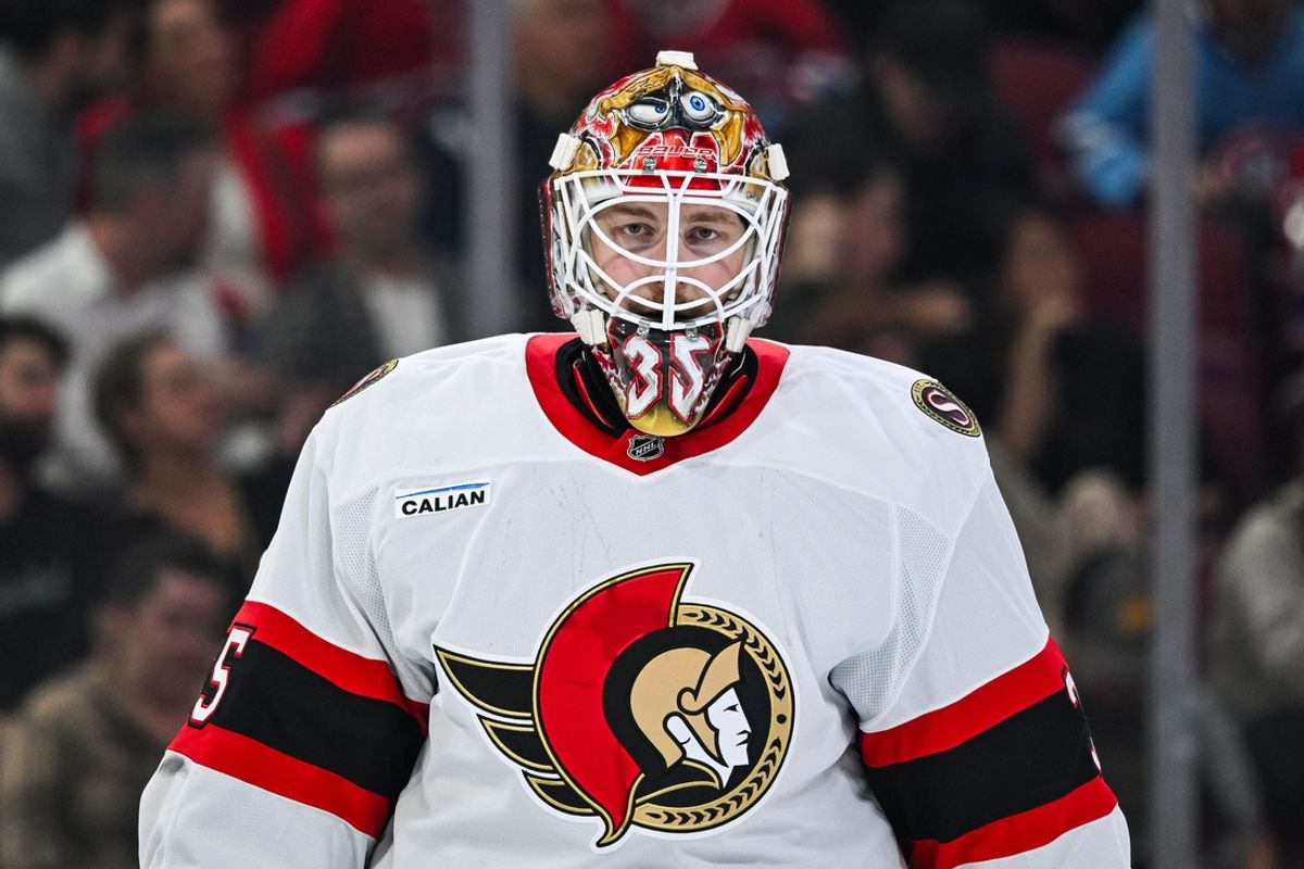 Oct 1, 2024; Montreal, Quebec, CAN; Ottawa Senators goalie Linus Ullmark (35) looks on against the Montreal Canadiens during the second period at Bell Centre. Mandatory Credit: David Kirouac-Imagn Images