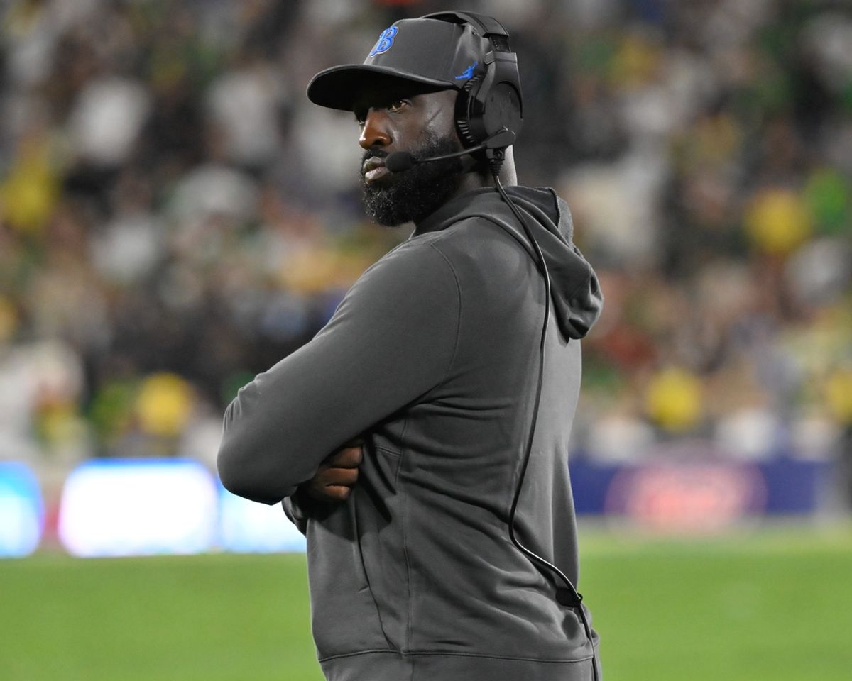 Sep 28, 2024; Pasadena, California, USA; UCLA Bruins head coach DeShaun Foster during the second quarter against the Oregon Ducks at the Rose Bowl. Mandatory Credit: Robert Hanashiro-Imagn Images