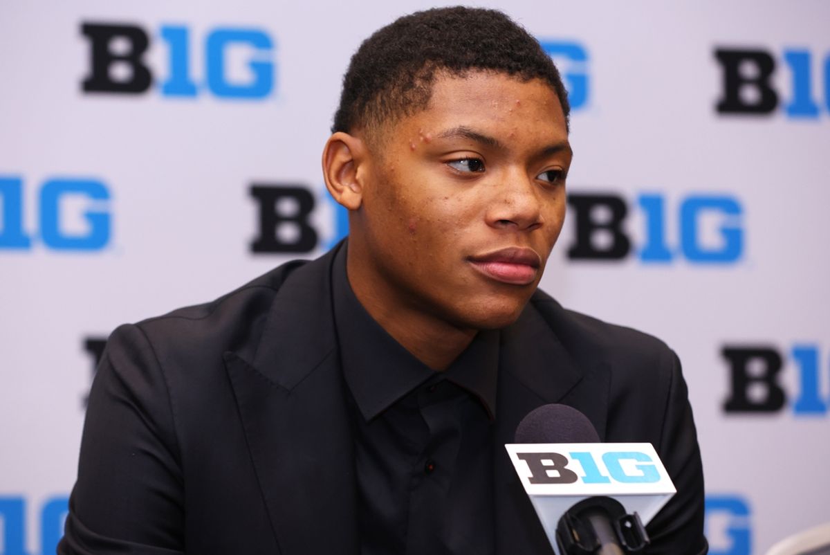 Oct 3, 2024; Rosemont, IL, USA; Rutgers guard/forward Ace Bailey takes a question at the podium during the 2024 Big Ten Menís Basketball media day at Donald E. Stephens Convention Center. Mandatory Credit: Melissa Tamez-Imagn Images