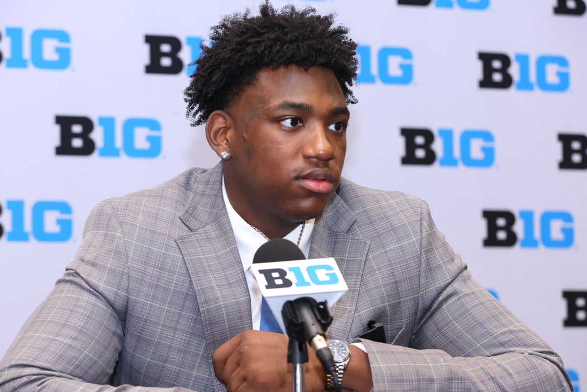 Oct 3, 2024; Rosemont, IL, USA; Washington forward Great Osobor takes a question at the podium during the 2024 Big Ten Menís Basketball media day at Donald E. Stephens Convention Center. Mandatory Credit: Melissa Tamez-Imagn Images