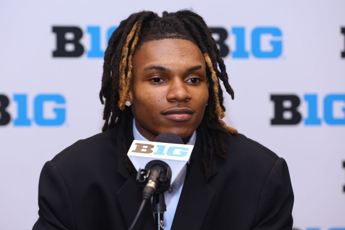 Oct 3, 2024; Rosemont, IL, USA; UCLA guard Dylan Andrews takes a question at the podium during the 2024 Big Ten Menís Basketball media day at Donald E. Stephens Convention Center. Mandatory Credit: Melissa Tamez-Imagn Images