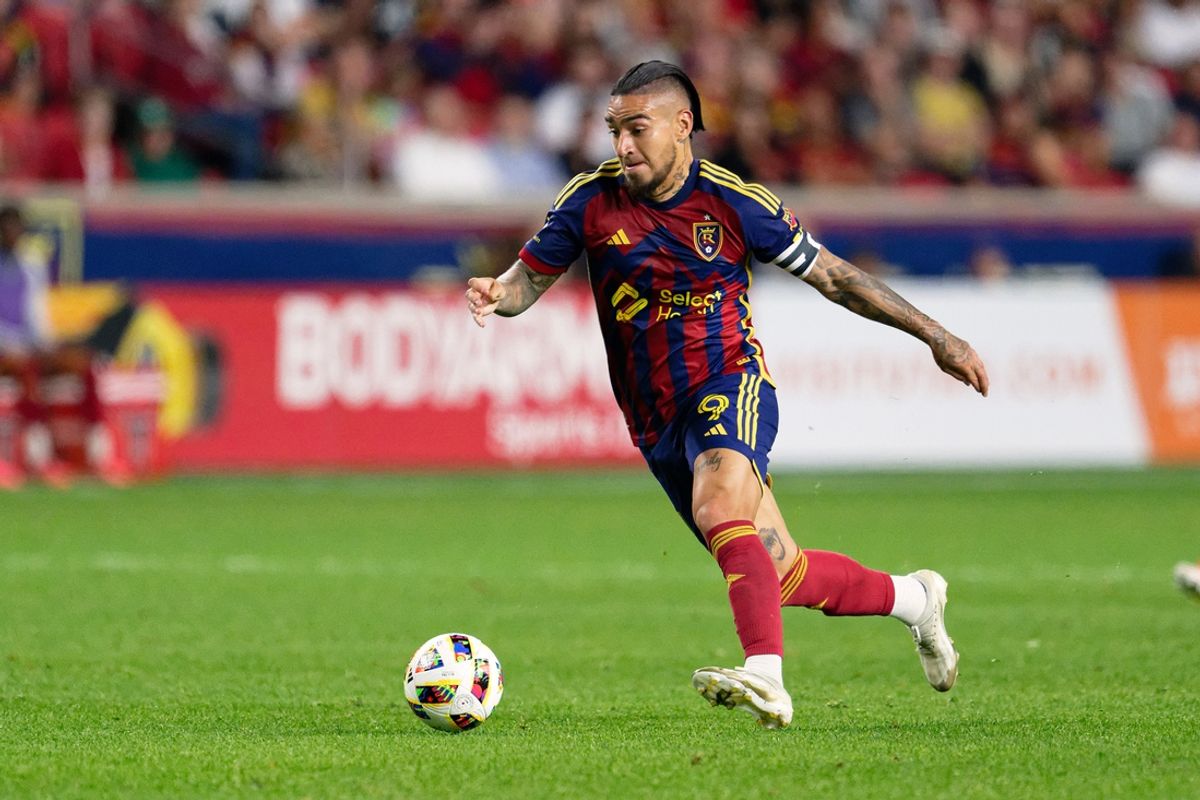 Oct 2, 2024; Sandy, Utah, USA;  Real Salt Lake forward Cristian Arango (9) controls the ball against Minnesota United at America First Field. Mandatory Credit: Jamie Sabau-Imagn Images